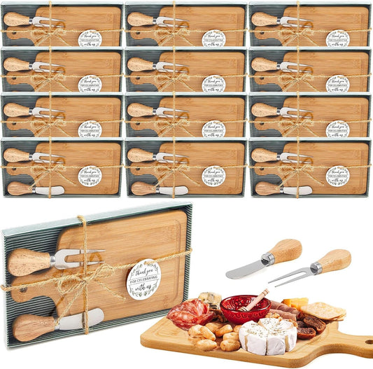 12 Set Bridal Shower Party Favors Wooden Square Cheese Board Gift Set Cheese Board Knives Thank You Tags with White Box for Guests for Valentine'S Day Bridal Baby Shower Housewarming Gifts
