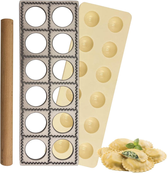 12-Square Ravioli Maker Stainless Steel 12 Dumpling Mold Set with Rolling Pin and Instructions - Easy to Use Pasta Making Kit - Set Is Portable and Great for Homemade