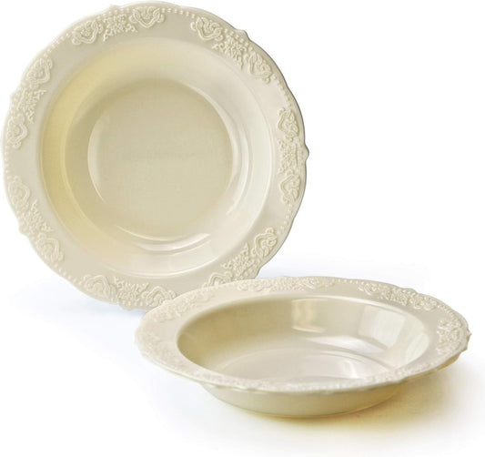 " OCCASIONS " 40 Pieces Plates Pack, Vintage Party, Disposable Wedding Party Plastic Bowls (10 Oz Soup Bowl, Portofino in Ivory)