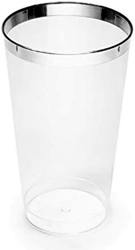 " OCCASIONS " 100 Pieces Wedding Party Disposable Plastic Tumblers Cups (14 Oz, Clear & Silver Rimmed Tumbler)