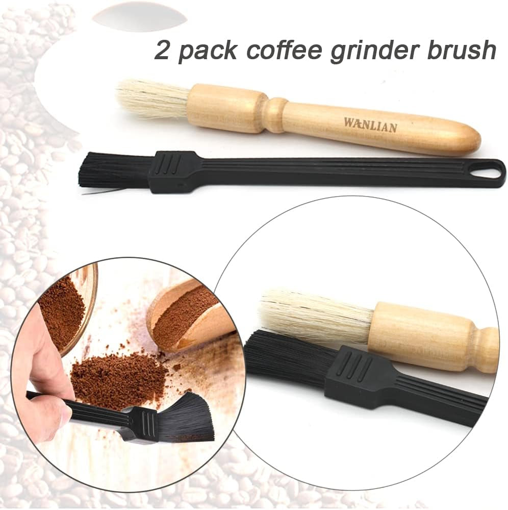 2 Pack Coffee Grinder Cleaning Brush, Heavy Wood Handle & Natural Bristles Wood Dusting Espresso Brush and Nylon Espresso Machine Brush  WANLIAN   