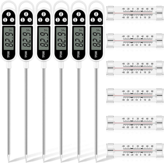 12 Pieces Fridge Refrigerator Freezer Thermometer and Digital Instant Read Meat Thermometer Set Kitchen Cooking Food Candy Thermometer for Oil Deep Fry BBQ Grill Smoker Thermometer