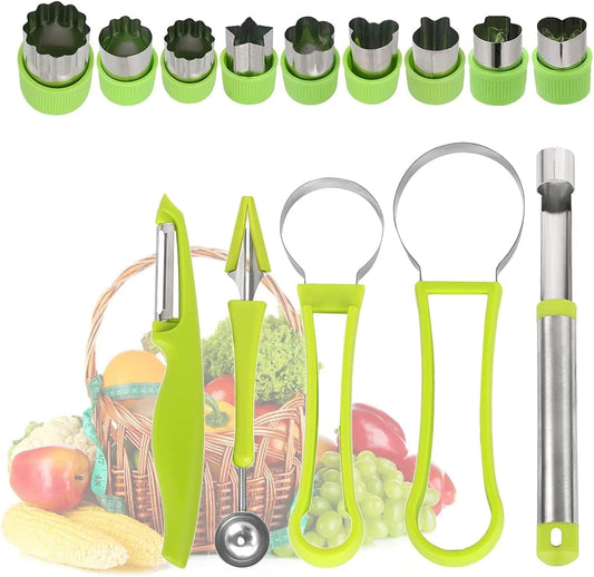 14 Packs of Melon Ball Spoon Set-Four in One Stainless Steel Fruit Tool Set with Fruit Spoon Seeder Set in the Shape of Fruit and Vegetable Cutting Machine, Fruit Slicer, Fruit Peeler and Pulp Digger.