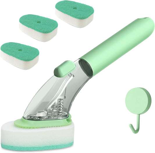 Dish Brush with Handle, Dish Scrubber with Soap Dispenser, Kitchen Scrub Brush for Dishes Pots Pans Sink Cleaning, 4 Replaceable Scrub Sponge Brush Heads (Green & 4 Sponge Brush Heads)