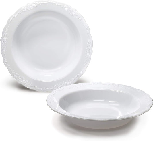 " OCCASIONS " 40 Pieces Plates Pack, Disposable Vintage Wedding Party Plastic Bowls (12 Oz Soup Bowls, Verona in White)