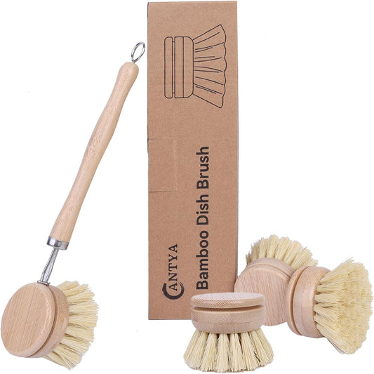Bamboo Dish Brush - Soft Brush 4 Replacement Heads | Dish Scrub Brush Eco Friendly Products | Vegetable Brush | Dish Brush with Handle for Cleaning Kitchen Utensils(Sisal Plant)