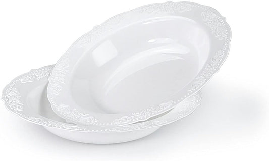 " OCCASIONS " 120 Pieces Plates Pack, Vintage Style Disposable Wedding Party Plastic Bowls (10 Oz Soup Bowls Portofino Plain White)