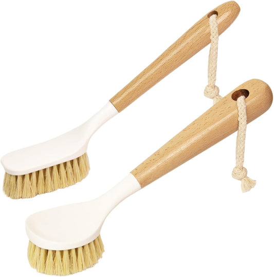 Natural Bamboo Kitchen Dish Scrub Brush Set - 2-Pack, Long Handle Dish Scrubber Brushes with Organic Sisal Hemp Heads for Nonstick Frying Pan Skillet, Woks, Counter and Sink Cleaning (White)