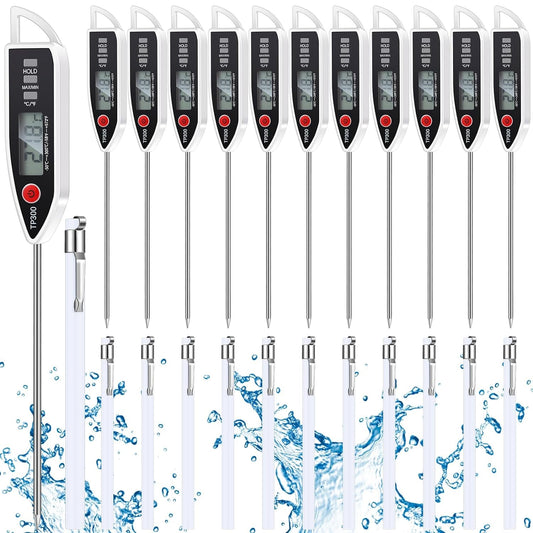 12 Sets Waterproof Food Thermometer for Water, Liquid, Candle and Cooking Digital Meat Thermometer with Long Probe Instant Read Thermometer for Kitchen BBQ Grill Candy (White)