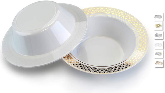 " OCCASIONS " 40 Piece Plates Pack, Heavyweight Disposable Wedding Party Plastic Bowls (6 Oz Dessert Bowls, Celebration White & Gold)