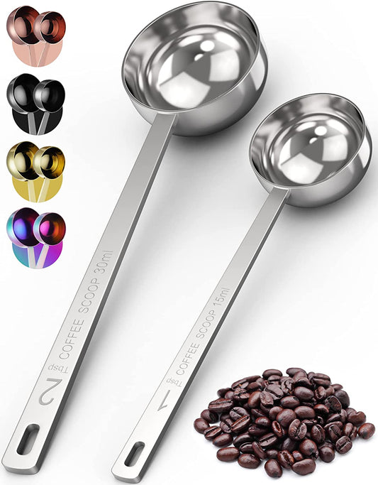 Orblue Premium Coffee Scoop Set - 1 Tbsp (15Ml) & 2 Tbsp (30Ml) Measuring Tablespoon - Stainless Steel Coffee Measuring Spoon and Scooper with Long Handles - Pack of 2  Orblue Ageless Silver  