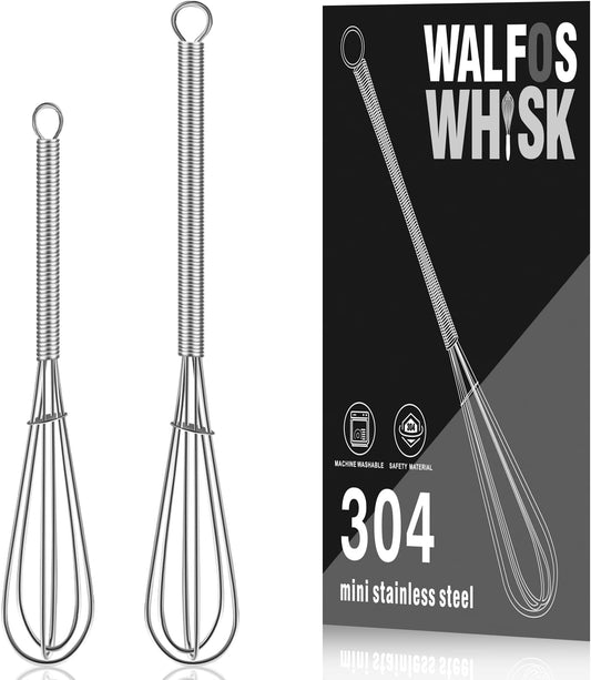 Walfos Mini Whisks Stainless Steel, Small Whisk 2 Pieces, 5In and 7In Tiny Whisk for Whisking, Beating, Blending Ingredients, Mixing Sauces