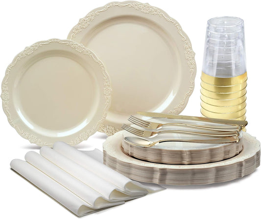 " OCCASIONS " 320 Pieces Set (40 Guests)-Vintage Wedding Party Disposable Plastic Plates & Cutlery -40 X 10'' + 40 X 7.5'' + Silverware + Cups + Napkins (Verona Plain Ivory)