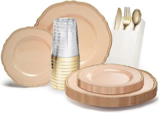 " OCCASIONS " 200Pcs Set (25 Guest)-Wedding Disposable Plastic Plates & Cutlery - 10.25'', 7.5'' +Paper Napkins, Gold Rim Cups & Silverware (Rochelle Antique Rose and Gold)