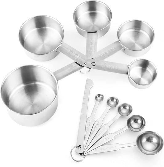 11 PCS Stainless Steel Measuring Cups Spoons Set, 5 Nesting Cups and 5 Stackable Spoons with 1 Leveler Measuring Tools Set for Dry Liquid Ingredients Cooking Baking