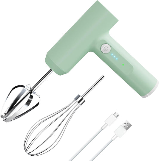 Cordless Hand Mixer - Electric Whisk USB Rechargeable Handheld Electric Blender with 3 Speed Self-Control, 304 Stainless Steel Portable Egg Beaters & Whisk for Breakfast Pancake (Green)