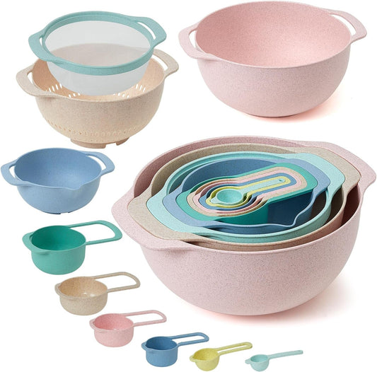 10 Pcs Plastic Mixing Bowls Set with Measuring Spoon, Colorful Serving Bowls for Kitchen, Ideal for Baking, Prepping, Nesting Bowls for Space Saving Storage