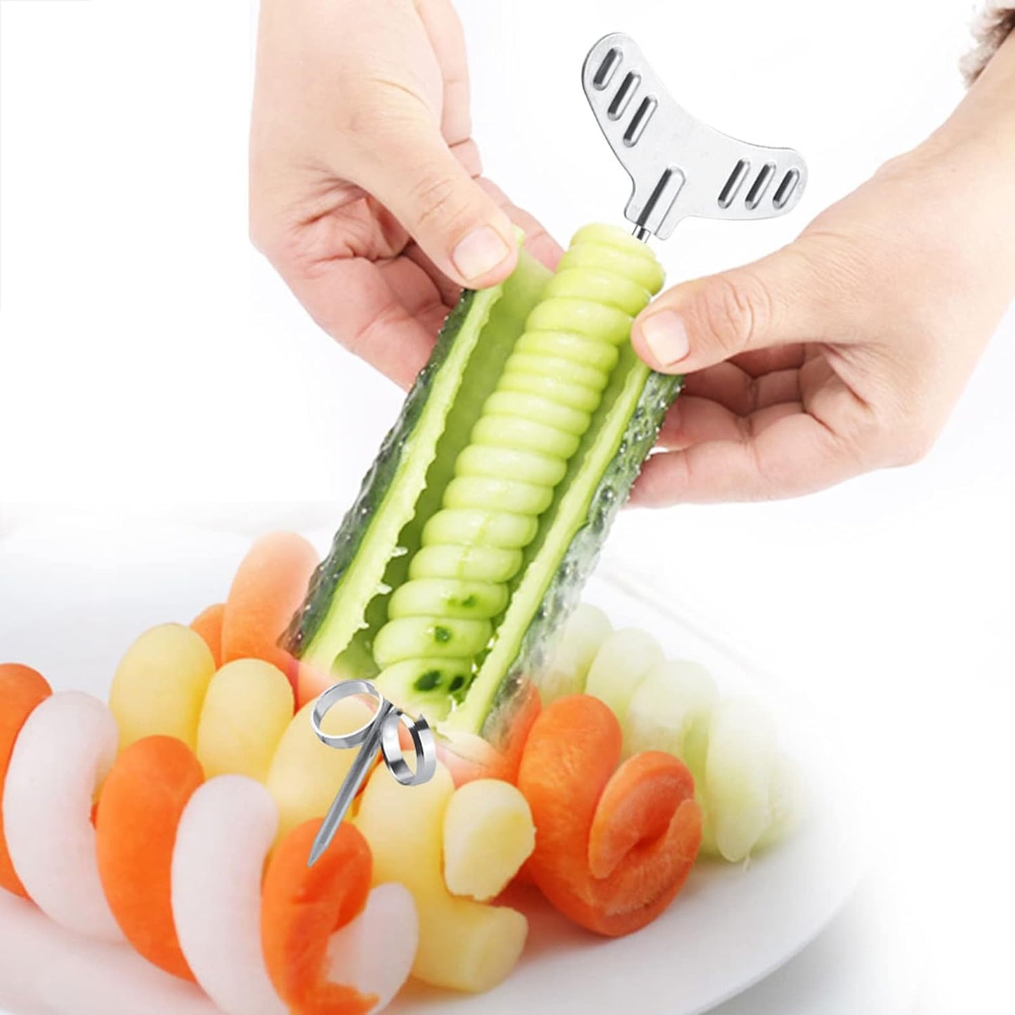 2Pcs / Set Stainless Steel Vegetable Spiral Cutter Manual Potato Carrot Cucumber Carving Roller, Vegetables Spiral Knife Carving Tool  Haofy   