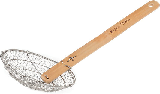 Helen'S Asian Kitchen Helen Chen’S Asian Kitchen Stainless Steel Spider Natural Handle, Strainer Basket, 5-Inch, Bamboo, Wood
