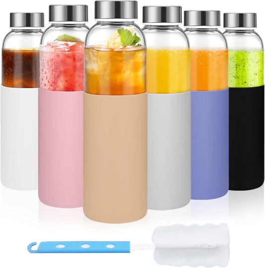 18 Oz Clear Glass Bottles with Lids and Silicone Sleeve, Reusable Refillable Water Bottles for Juicing, Refrigerator,100% Leak Proof, BPA Free Eco Friendly,Water Bottle Set of 6