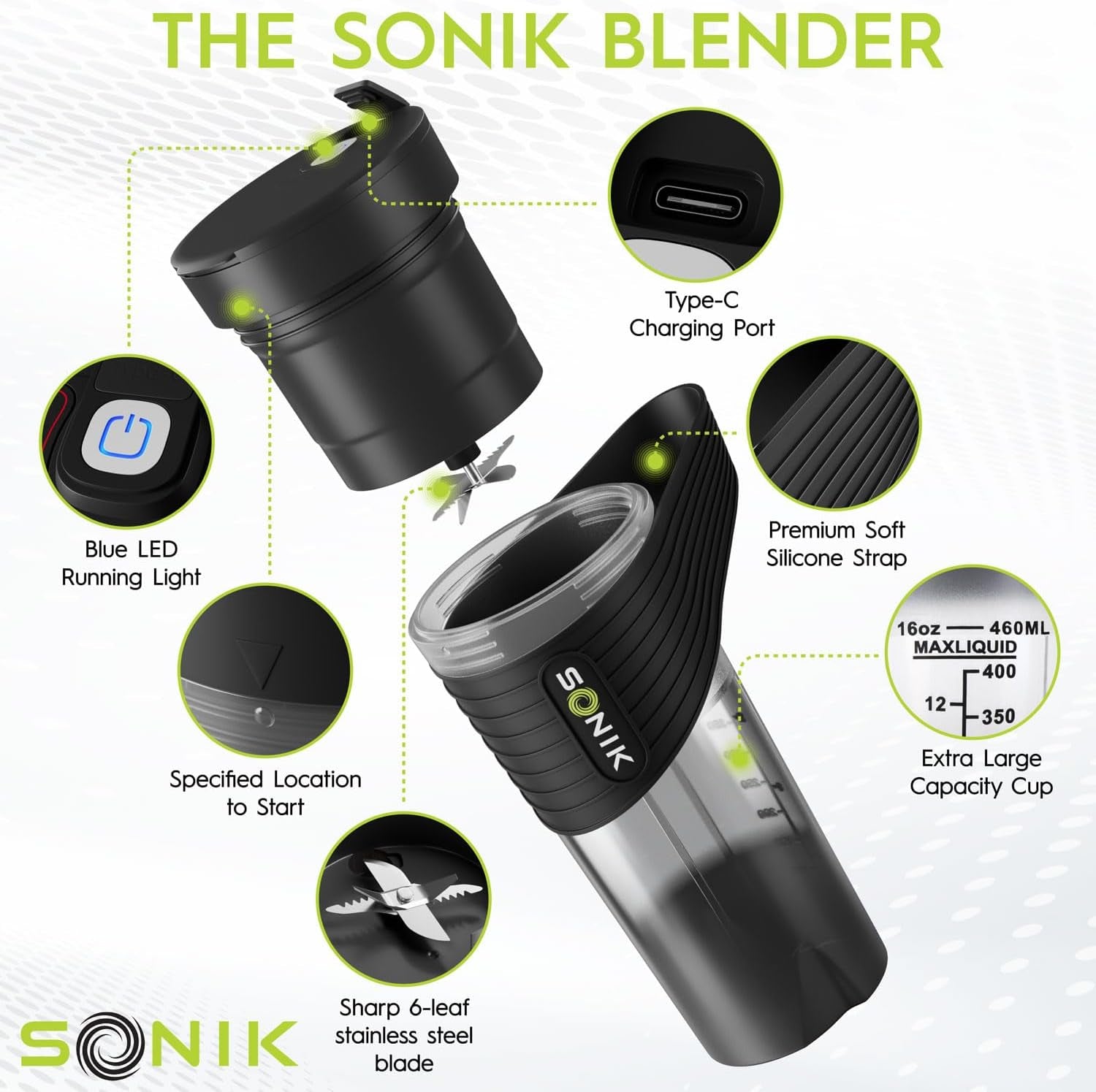 Portable Blender for Shakes and Smoothies with 6 Ultra Sharp Blades, Powerful 16 OZ Personal Sized Blender Perfect for Traveling, BPA Free and USB Rechargeable (Black)  Sonik   