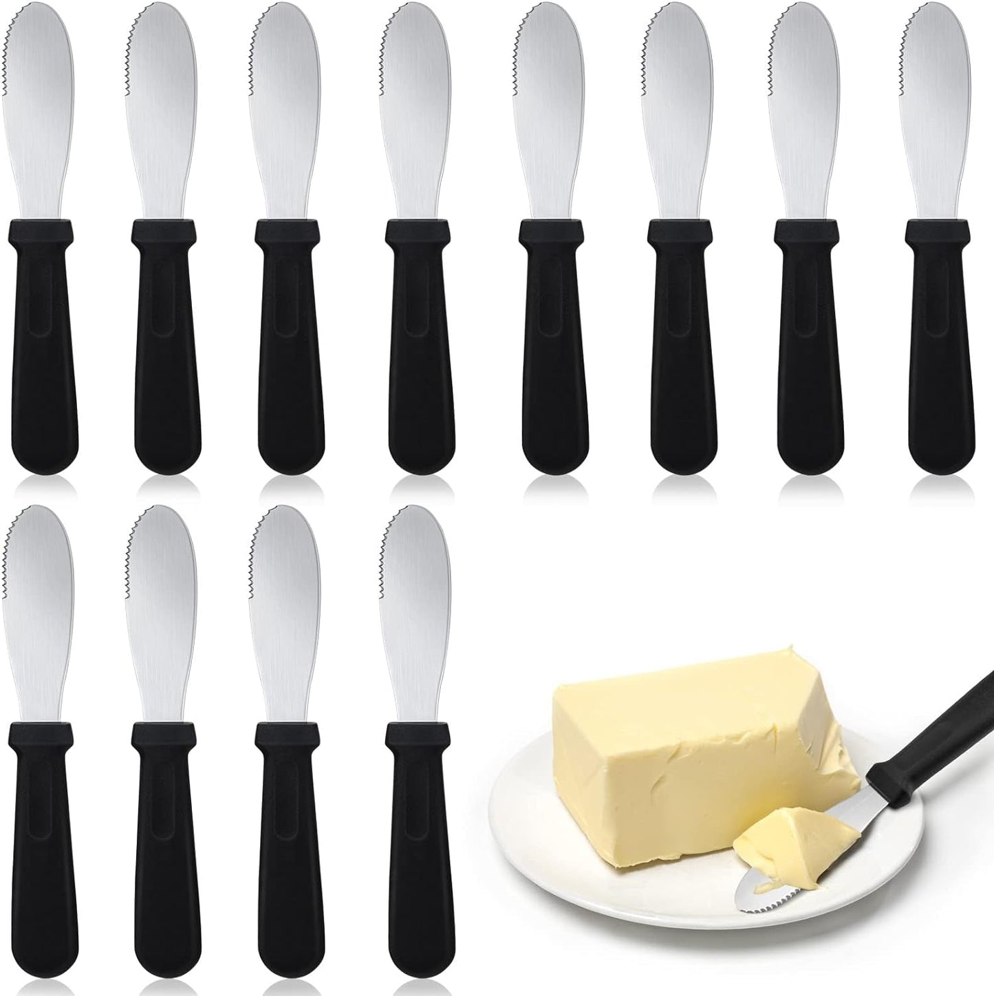 12 Pcs Butter Spreader Knives Wide Blade Stainless Steel Cheese Spreader Knife Black Plastic Handle Slicing or Spreading Knife for Slicing Bread Cream Sandwich Condiment Spreader Kitchen 9.1 Inch  Cunno   
