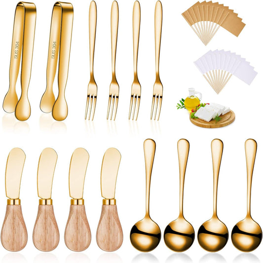 14 Pieces Cheese Butter Spreader Knives Set Charcuterie Accessories Stainless Steel Spreader Knives with Wooden Handles Charcuterie Boards Utensils Mini Serving Tongs Spoons and Forks (Gold)