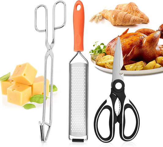 3Pack Kitchen Gadgets Utility Set - Kitchen Shears Poultry Scissor & Tongs for Cutting Meat Chicken Veggies, Cheese Grater Lemon Zester, All Purpose Kitchen Tools Gadgets Scissor Clip Zester Set