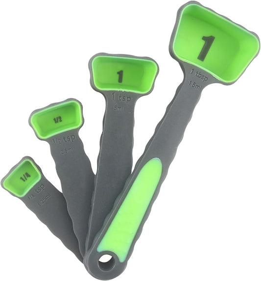 4Pcs Measuring Spoon Cup Set, Foldable with Hanging Hole Scoop Baking Cooking Kitchen Silicone Measuring Cups Tool Green