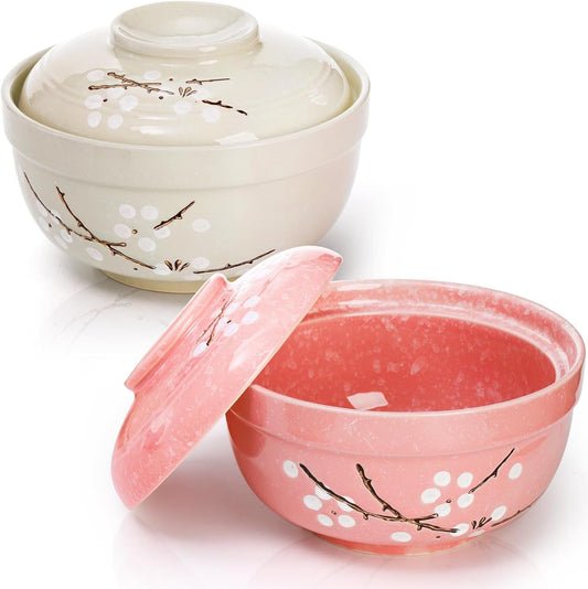2 Pack Ceramic Ramen Noodle Bowl, 27Oz Big Ramen Bowl with Lid, Japanese Hand-Painted Ceramic Tableware, Durable Floral Soup Bowl for Noodles, Porridge, Rice, Dishwasher Safe(Pink, Cyan Blue)