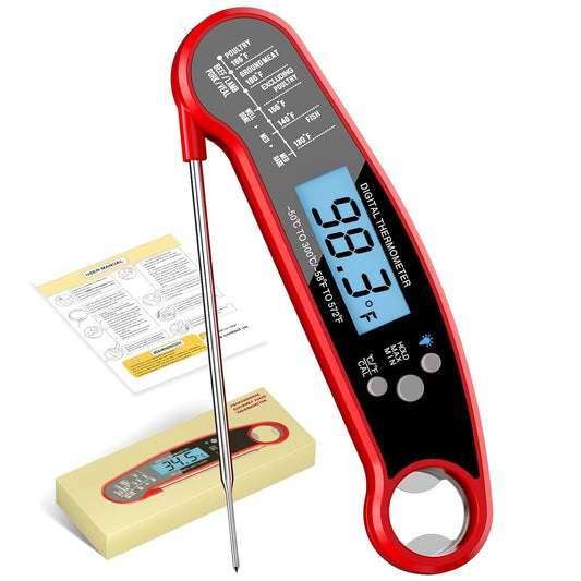 2024 Latest Digital Meat Thermometer, Ultra Fast Instant Read Food Thermometer, Waterproof Food Thermometer with Backlight & Calibration for Cooking, Deep Fry, BBQ, Grill, Smoker and Roast（Red）