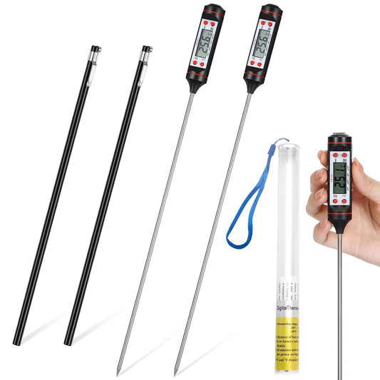 2 Set Digital Meat Thermometer 11.81'' Long Probe Candy Thermometer with Sleeve Instant Read Thermometer for Cooking Grilling Bread Baking BBQ Water Liquid Laboratory(Black)