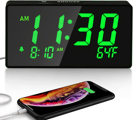 Desk Digital Alarm Clock for Bedroom, Green 6" LED Display, with USB Port for Charging, 0-100% Brightness Dimmer, Temperature, Snooze, Adjustable Alarm Volume，Small Bedside Clocks.