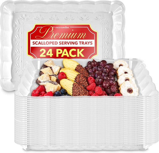 (24 Pcs) Clear Plastic Serving Tray 9X13, Large Plastic Serving Platter Disposable, Rectangle Party Trays and Platters for Fruit, Dessert, Cookies, Appetizers, Food, Entertaining, Holiday Parties  Stock Your Home   