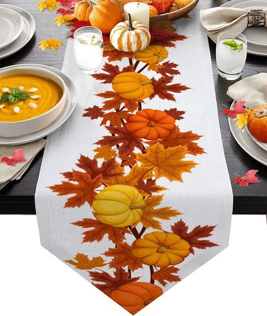 Thanksgiving Holiday Long Table Runner 13"X90", Pumpkin Fall Leaves Linen Burlap Table Cloth Runners for Kitchen Wedding Holiday Parties Events Decoration