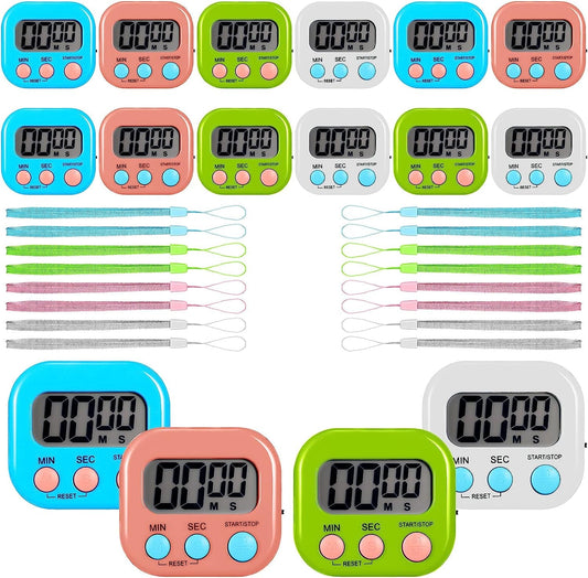 16 Pieces Small Digital Kitchen Timer Classroom Timers for Students in 100Th Day of School Magnetic Back and on Switch Minute Second Count up Countdown with Matching Ropes, Not Including Battery