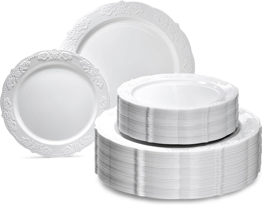 " OCCASIONS " 240 Plates Pack,(120 Guests) Vintage Wedding Party Disposable Plastic Plates Set-120X10.25'' Dinner +120X7.5'' Salad/Dessert Plate (Portofino Plain White)