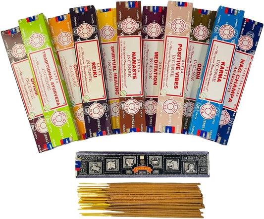 Satya Incense Sticks, Set of 12 Insense Box (144 Sticks) Includes: Nag, Super Hit, Oodh, Positive Vibes, Namaste, Champa, Opium, Reiki, Spiritual, Karma, Ayurveda and Meditation | Natural Incense  Giftbrit Satya Set B  