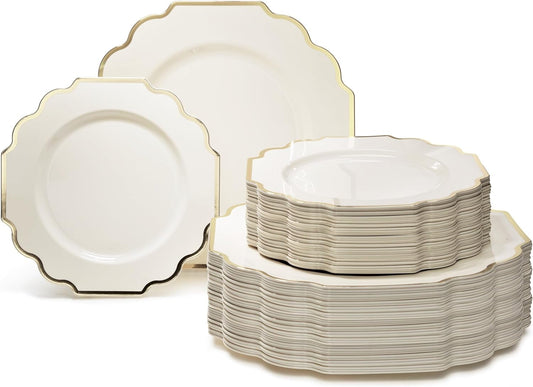 " OCCASIONS " 120 Plates Pack,(60 Guests) Heavyweight Wedding Party Disposable Plastic Plates Set -60 X 10.5'' Dinner + 60 X 8'' Salad/Dessert Plate (Imperial Ivory and Gold)