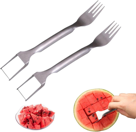 2PCS Watermelon Fruit Slicer Cutter Tool, Dual Head Stainless Steel Fruit Forks Slicer Knife for Family Parties Camping