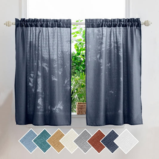 Yancorp Navy Kitchen Tier Curtains 24 Inches Length Linen Textured Short Curtains Farmhouse Cafe Curtains Small Window for Bathroom Laundry Room(Navy,W24 X L24)