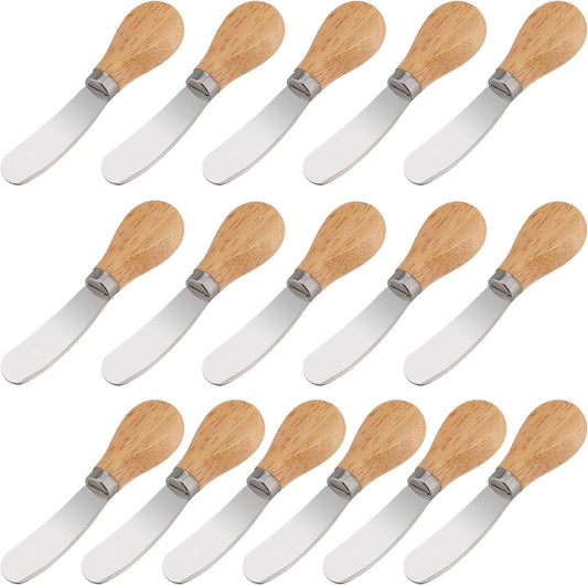 16 PCS Butter Knife Spreader with Wooden Handle, Stainless Steel Cocktail Knives Spreaders Wooden Handle Cheese Knives Small Wooden Butter Knife for Butter, Jam, Cheese