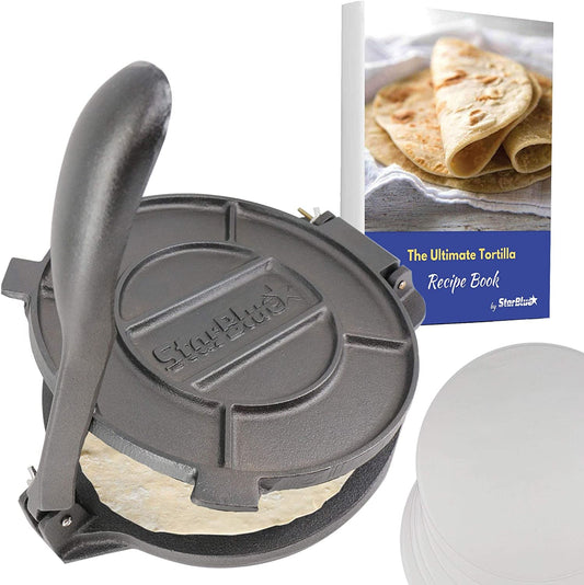 10 Inch Cast Iron Tortilla Press by Starblue with FREE 100 Pieces Oil Paper and Recipes E-Book - Tool to Make Indian Style Chapati, Flour Tortilla, Roti