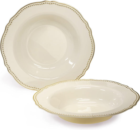 " OCCASIONS " 40 Plates Pack, Heavyweight Disposable Wedding Party Plastic Bowls (10 Oz Soup/Dessert Bowl, Rochelle Ivory & Gold)