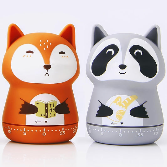 2 Pack Cute Kitchen Timer,100% Mechanical Timer for Kids,60 Minute Egg Timer for Cooking/Reading/Do Sports. (Fox and Raccoon)