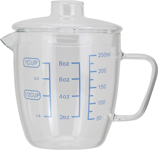 Glass Measuring Cup with Lid, Easy Grip Handle and V-Shaped Spout, Three Measurement Scale(Oz, Cup, ML), Coffee Milk Frothing Pitcher Latte Maker in Kitchen Restaurant (250ML)