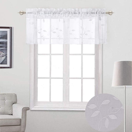 White Sheer Valance Curtains, Leaf Embroidery Window Treatment Voile Valances for Small Window/Kitchen, Faux Linen Textured Rod Pocket Embroidered Valance Drapes, 52 X 15 Inch, 1 Panel