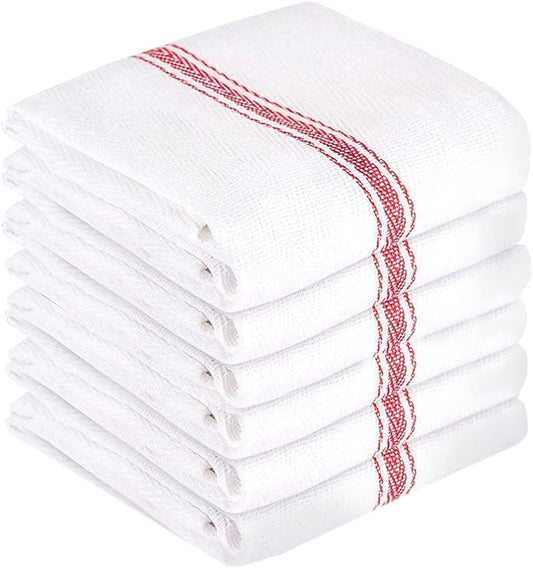 Cotton Kitchen and Dish Towels, 14.75 X 24.5 Inches, White with Red Herringbone Stripes, 6 Pack