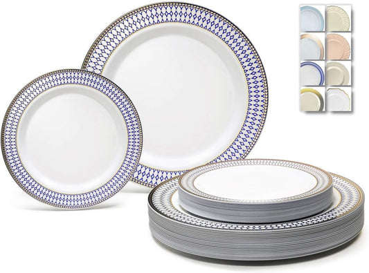 " OCCASIONS " 120 Plates Pack,(60 Guests) Heavyweight Premium Wedding Party Disposable Plastic Plates Set -60X10.5'' Dinner + 60X7.5'' Salad/Dessert(Odyssey White/Blue and Gold Rim)