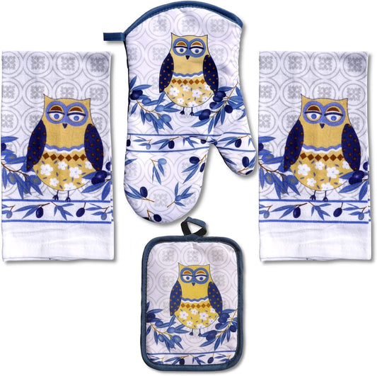 Lobyn Value Packs Decorative Lightweight Blue Owl Kitchen Linens Set: 2 Dish Towels (15X25), 1 Potholder (6X9) & 1 Oven Mitt (11X7) Featuring Whimsical Blue Owls
